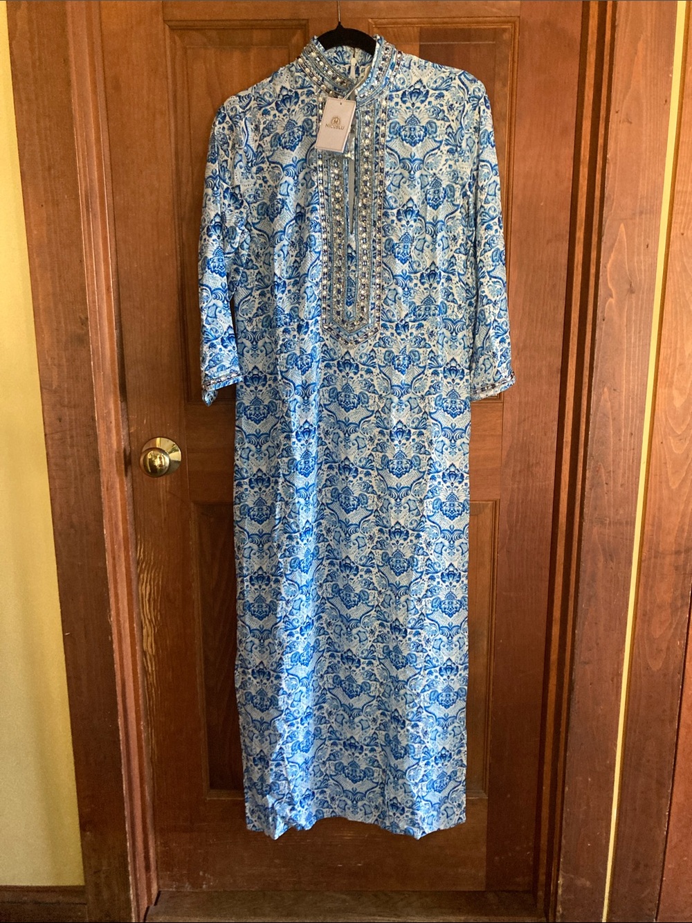 Blue Printed Embellished Maxi Dress with 3/4 Sleeves